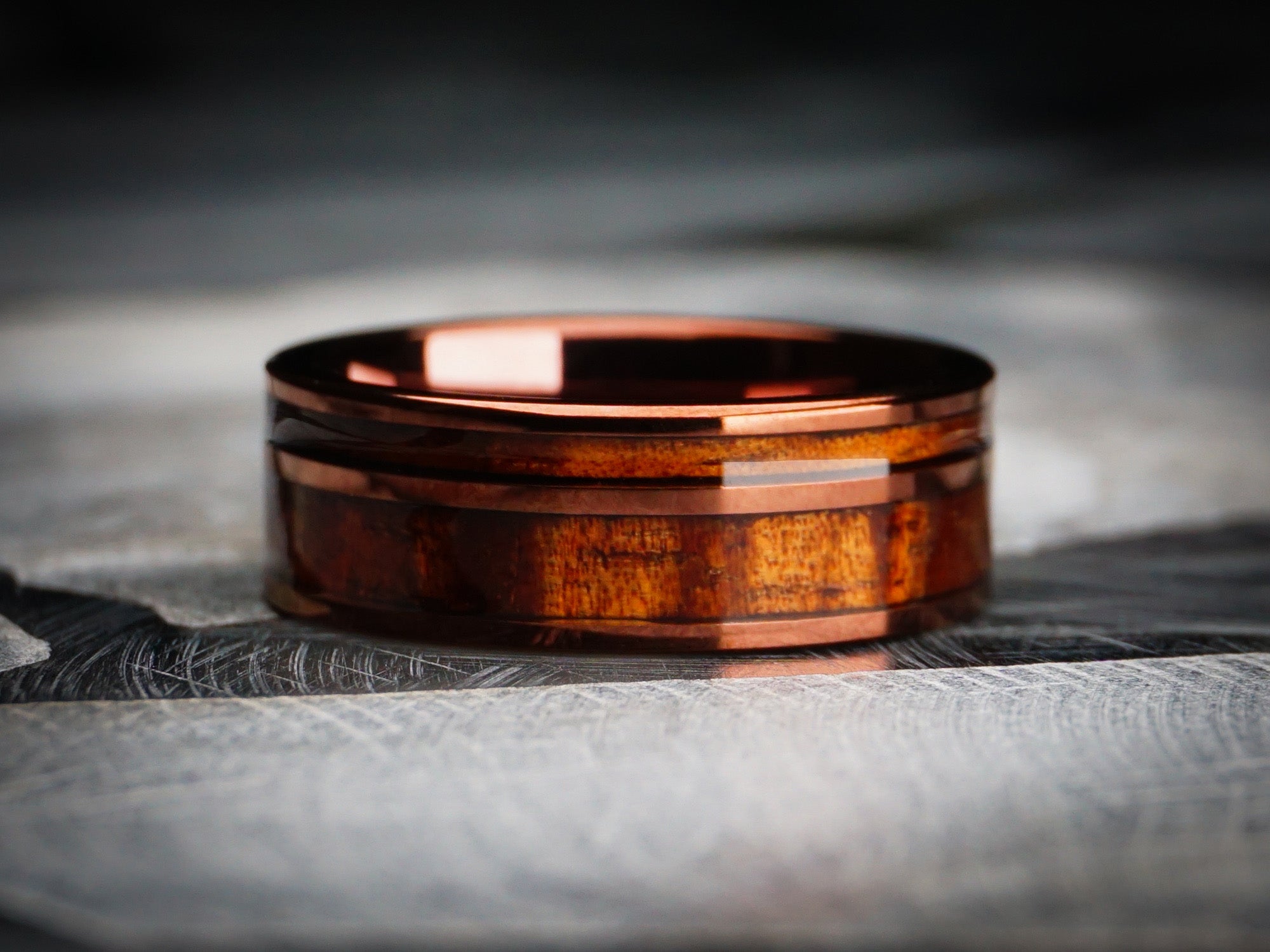 brown flat ring with dual koa wood inlays, 8mm width, brown cofffee tungsten ring, mens wood wedding ring, dark stone