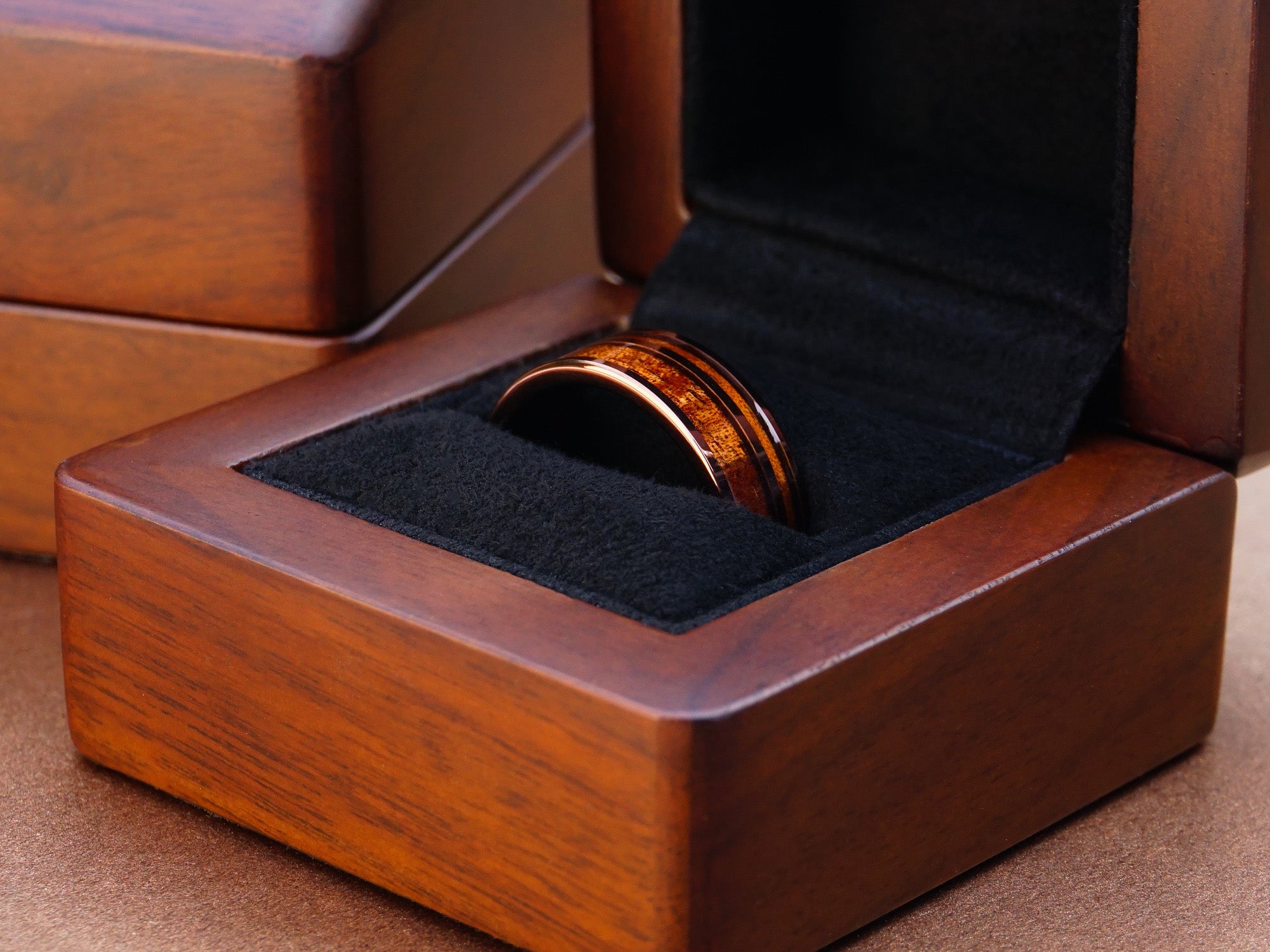 brown koa wood tungsten ring, polished coffee brown 8mm ring with koa acacia wood dual inlay, mens wedding band, luxury wood ring box