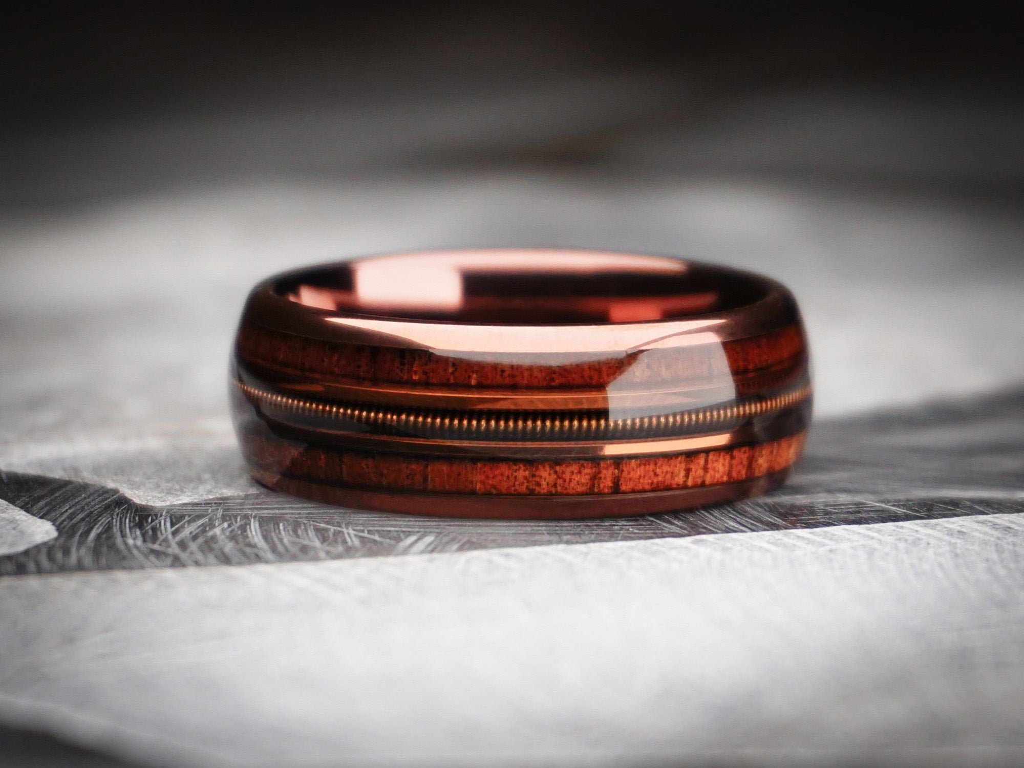 brown polished ring with koa wood and guitar string, brown tungsten ring, 8mm width, unique guitar mens wedding ring, dark stone