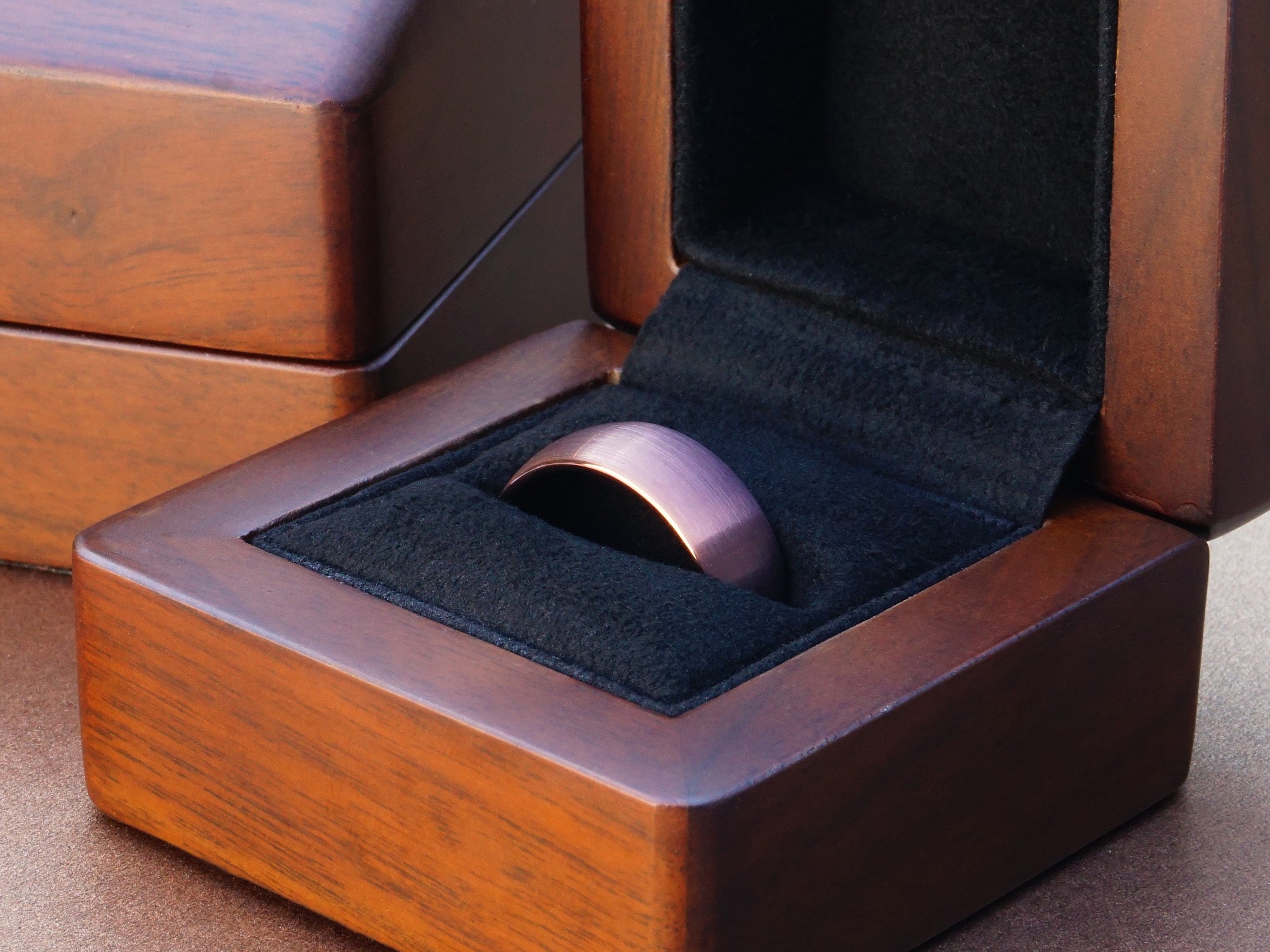 brown tungsten ring, coffee brown brushed matte 8mm ring, minimalist mens wedding band, luxury wood ring box