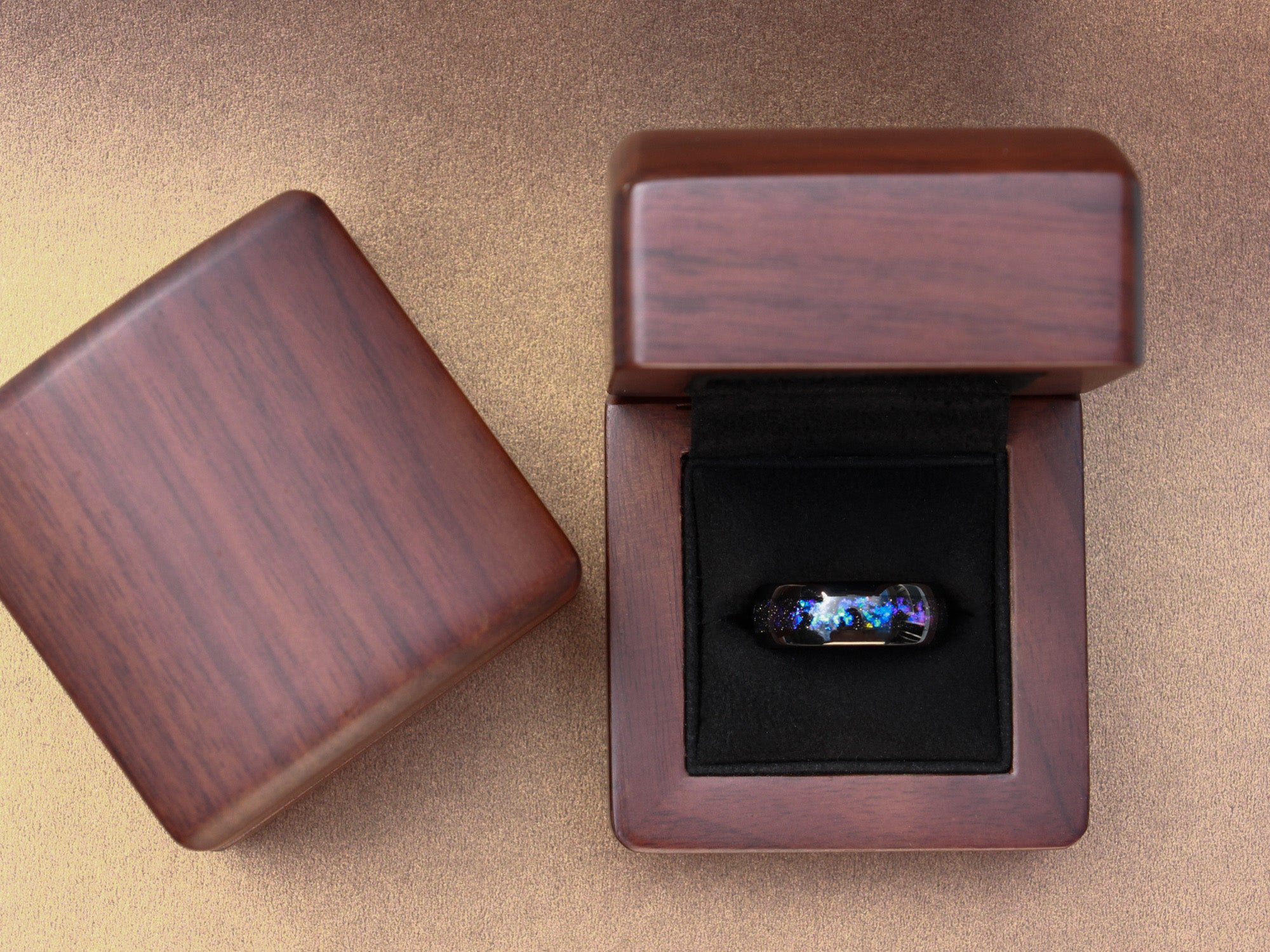 galaxy tungsten ring, black polished ring with milky way galaxy inlay, unique mens wedding ring, walnut wood box
