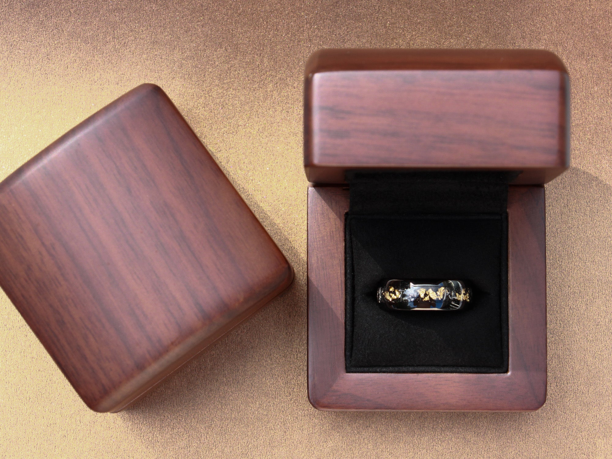 gold leaf tungsten ring, black polished ring with gold leaf and meteorite metal inlay, unique mens wedding ring, walnut wood box