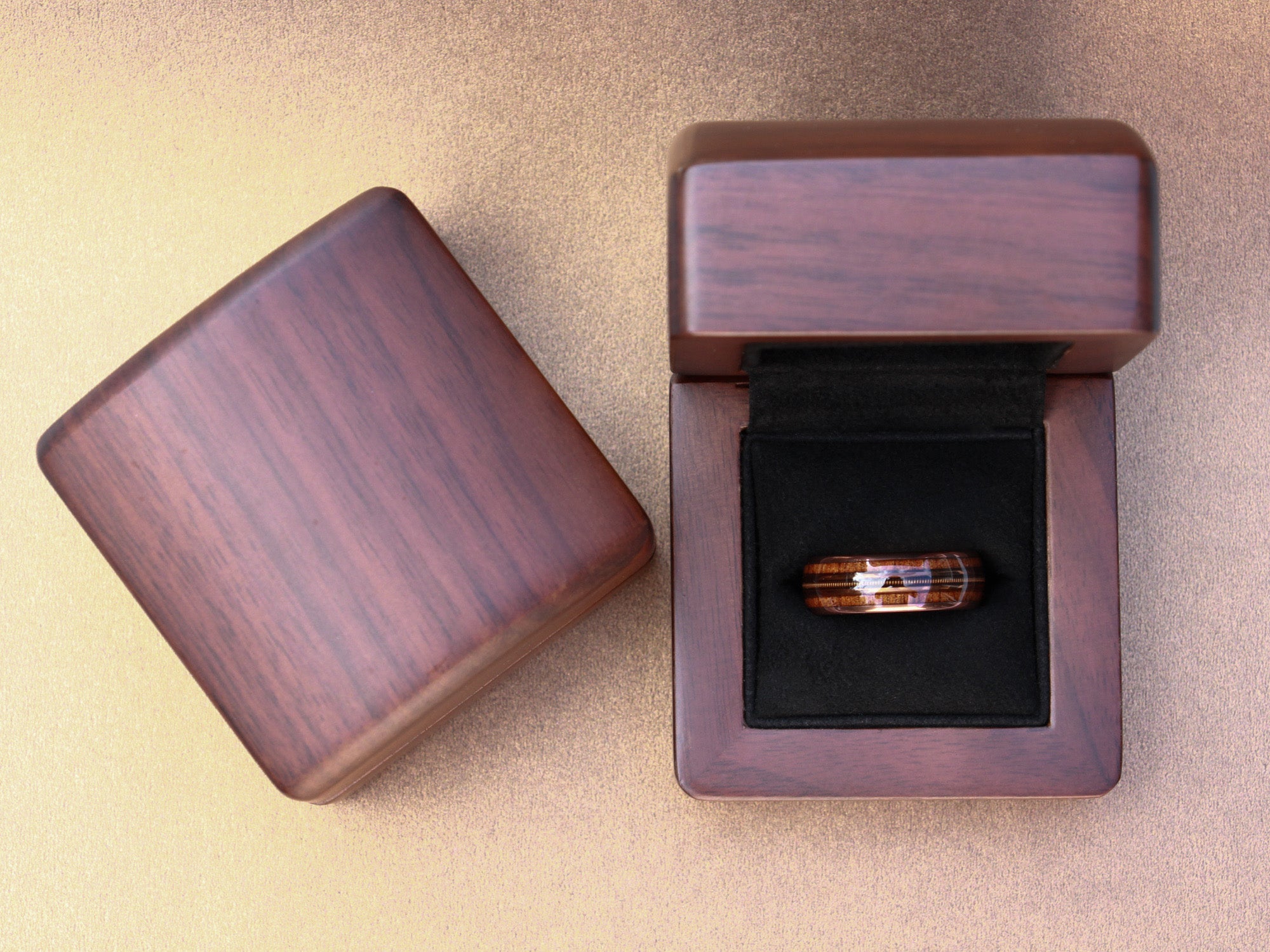 koa guitar string tungsten ring, brown polished tungsten ring with guitar string and koa wood inlays, unique mens wedding ring, walnut wood box