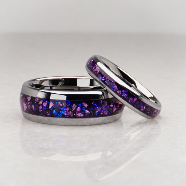 lab alexandrite matching wedding bands, polished silver rings with purple and blue alexandrite gemstone inlay, 8mm and 4mm matching ring set