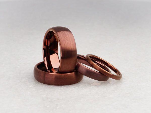 matching brown tungsten carbide rings, modern matching wedding ring set, 2mm, 4mm, 6mm, and 8mm