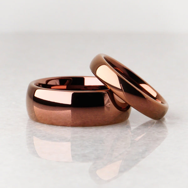 matching copper wedding bands, polished brown tungsten rings, 8mm and 4mm matching ring set