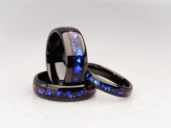 matching galaxy tungsten carbide rings, matching black nebula wedding band set, 4mm, 6mm, and 8mm