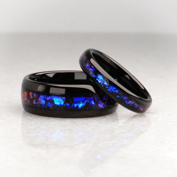 matching galaxy wedding bands, polished black tungsten rings with blue and purple nebula inlay, 8mm and 4mm matching ring set