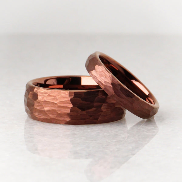 matching hammered wedding bands, brushed brown plated tungsten ring, 8mm and 4mm matching ring set, etsy