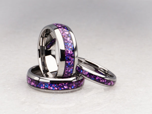 matching silver alexandrite tungsten carbide rings, matching purple gemstone wedding band set, 4mm, 6mm, and 8mm