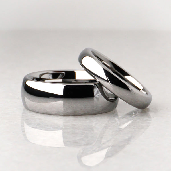matching silver wedding bands, polished unplated tungsten rings, 8mm and 4mm matching ring set