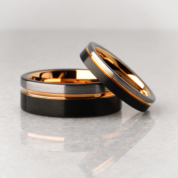 matching tri color wedding bands, brushed black silver and rose gold plated tungsten ring, 8mm and 4mm matching ring set