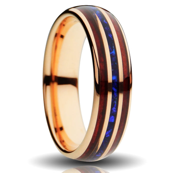 reddwood sapphire ring, 6mm rose gold tungsten, lab grown saphire and sequoia redwood inlays, unique mens wedding band, cut out photo