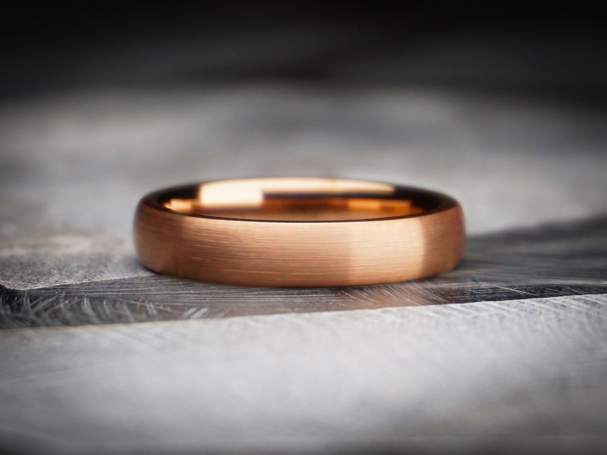 rose gold brushed tungsten ring, matte rose gold color, 4mm width, unique womens wedding ring, dark stone