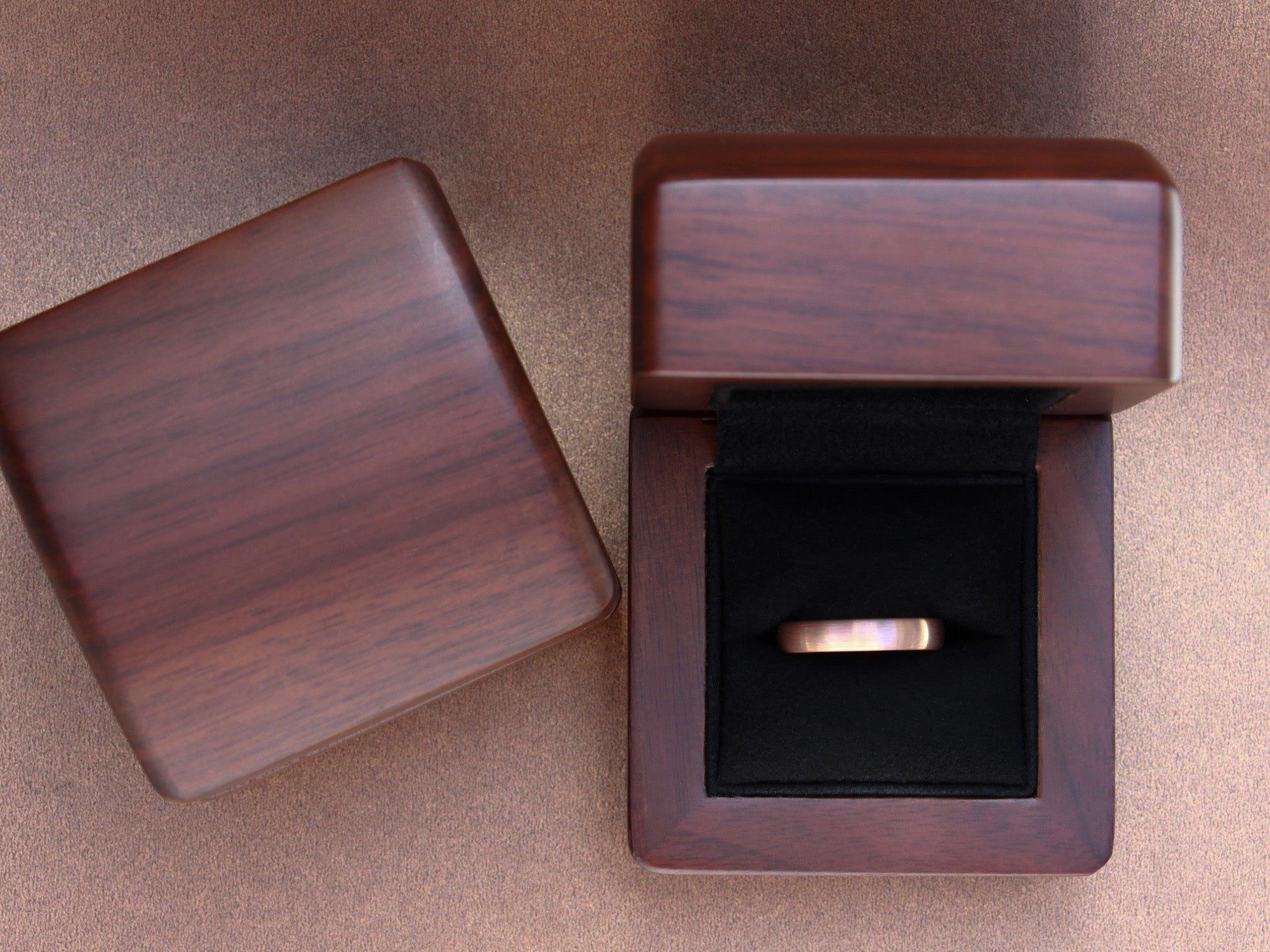 rose gold tungsten 4mm ring, unique womens wedding ring, rose gold brushed matte ring, walnut wood box