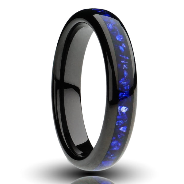 sapphire black tungsten ring, 4mm dark blue lab grown sapphire inlay, black plated tungsten, comfort fit mens wedding band, cutout