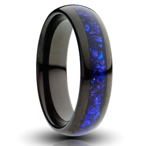 sapphire black tungsten ring, 6mm dark blue lab grown sapphire inlay, black plated tungsten, comfort fit mens wedding band, cutout