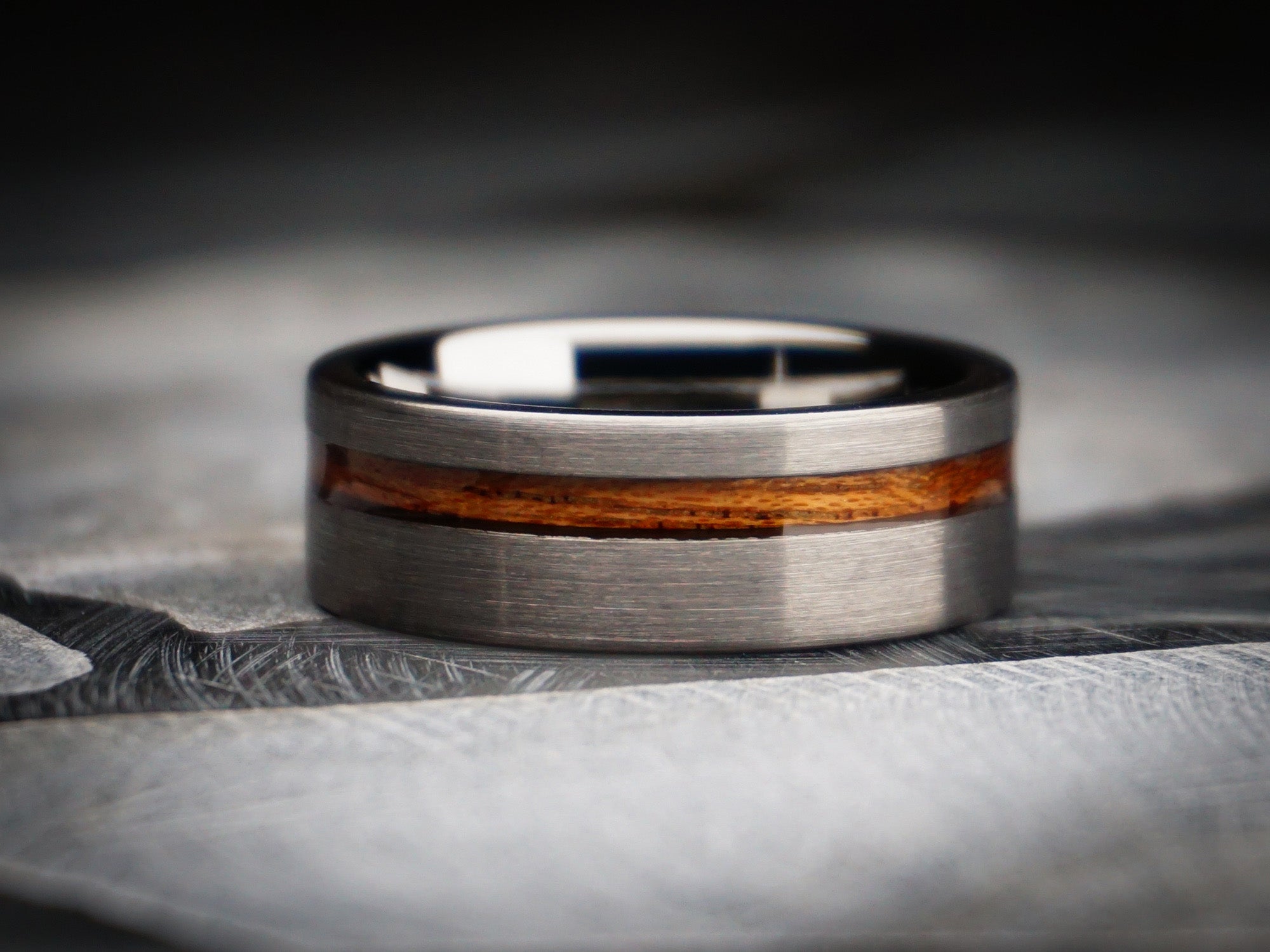 silver brushed ring with redwood inlay, 8mm width, silver tungsten ring, mens sequoia wedding ring, dark stone