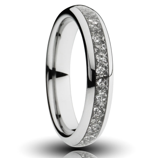 silver diamond tungsten ring 4mm lab grown diamond inlay, unplated silver tungsten, comfort fit mens wedding band, cutout