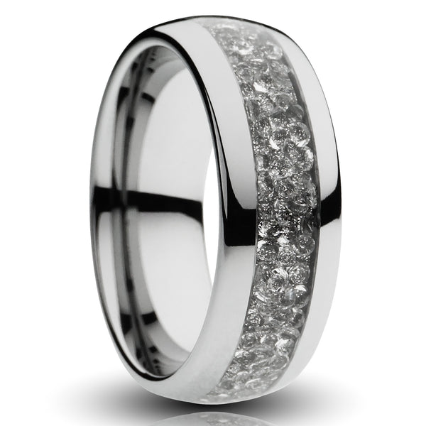 silver diamond tungsten ring 8mm lab grown diamond inlay, unplated silver tungsten, comfort fit mens wedding band, cutout