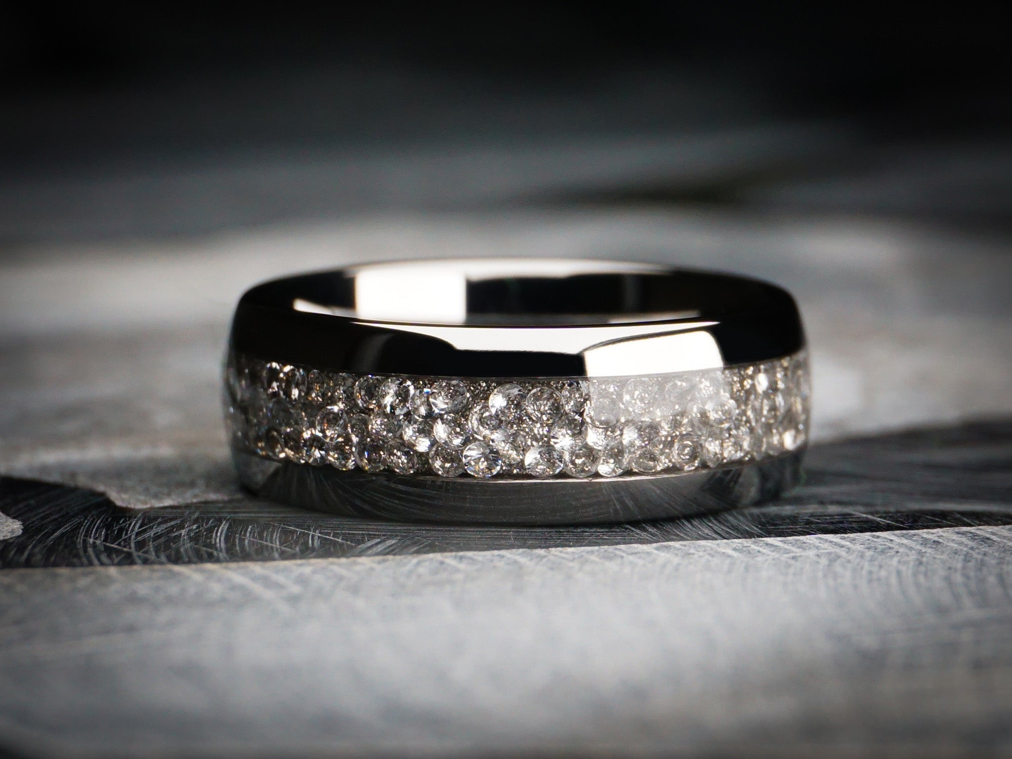 silver ring with diamond gemstone, silver white tungsten ring, 8mm width, unique mens wedding ring, dark stone