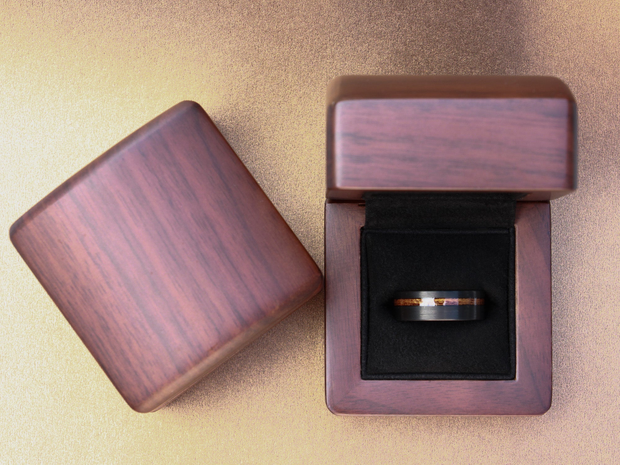 the black redwood ring, black brushed tungsten ring with redwood sequoia inlay, unique mens wedding ring, walnut wood box