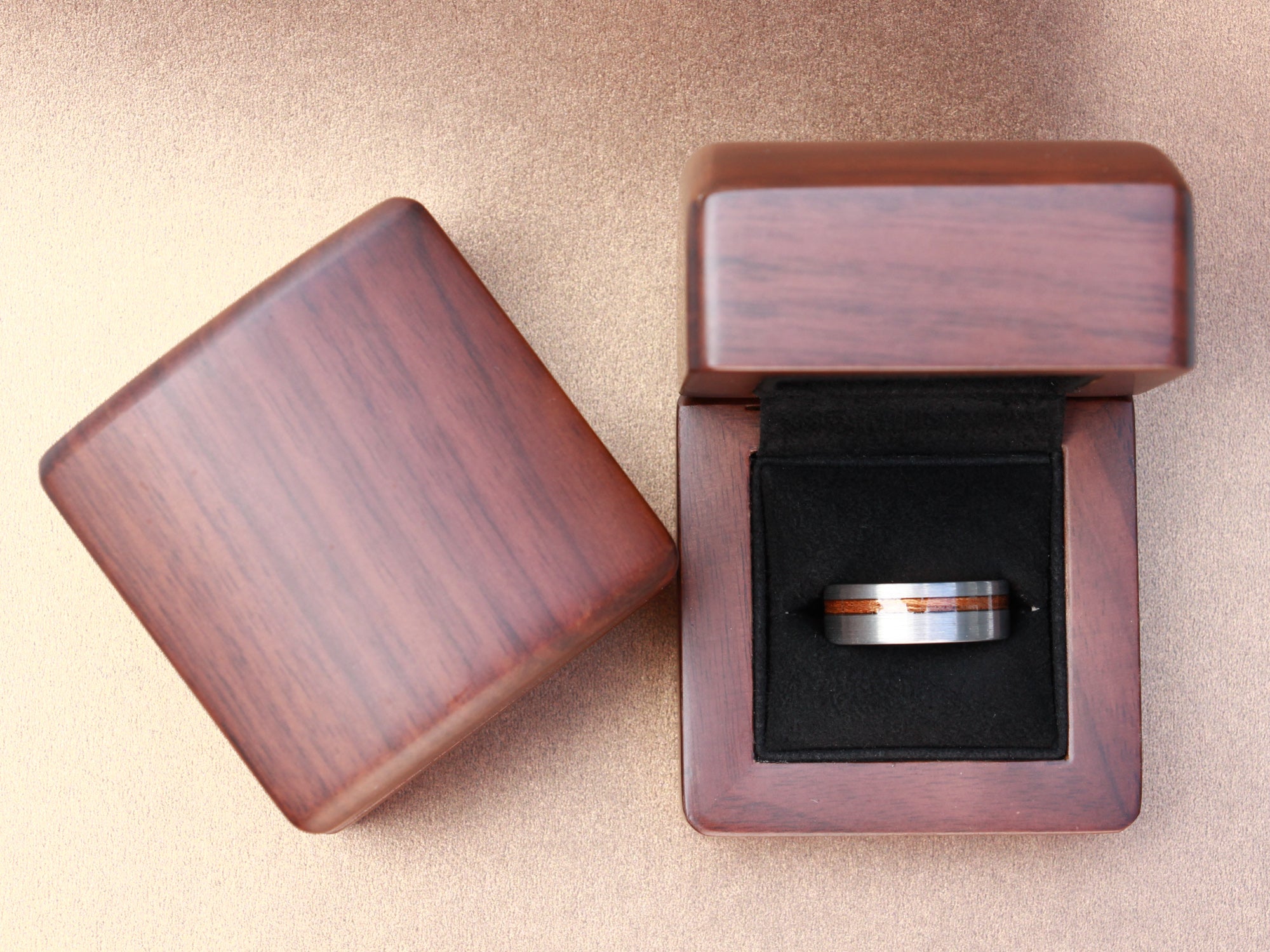 the silver redwood ring, gray brushed tungsten ring with redwood sequoia inlay, unique mens wedding ring, walnut wood box