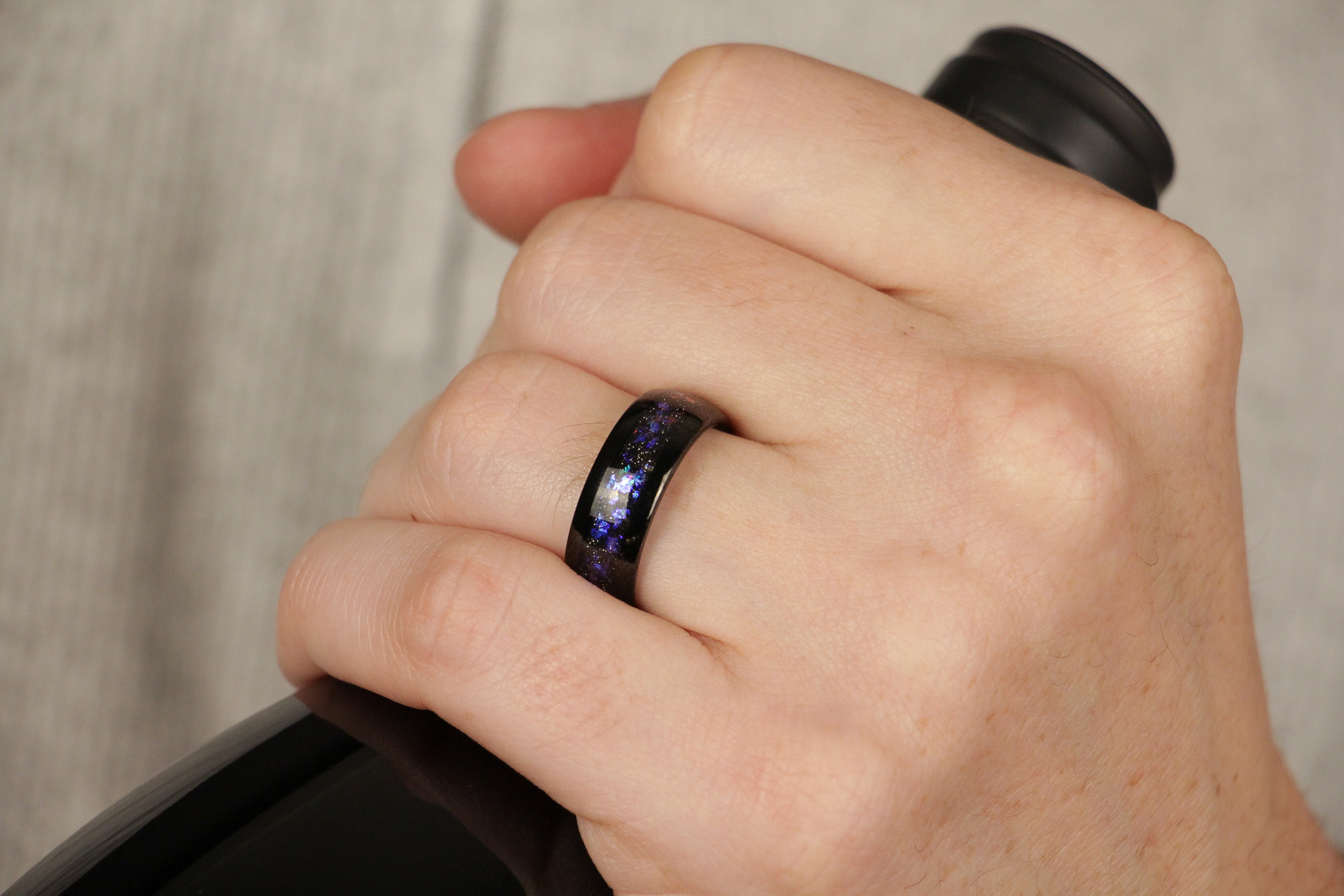8mm Galaxy ring, polished black with blue purple stars inlay, Nebula tungsten ring mens hand photo