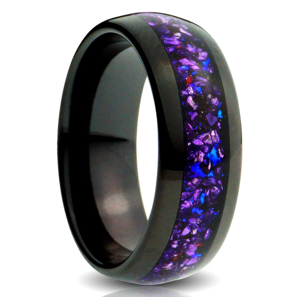 Alexandrite Tungsten ring, crushed purple gemstone, 8mm polished Black comfort fit, mens wedding band, cut out