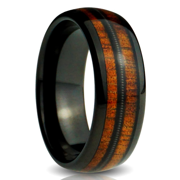 Black Guitar String Ring, Koa wood and guitar string triple inlay, 8mm polished black mens tungsten wedding band, cut out