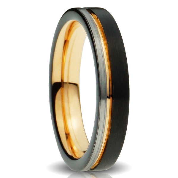 Black Silver and Gold Tungsten ring 4mm tri color brushed comfort fit wedding band 