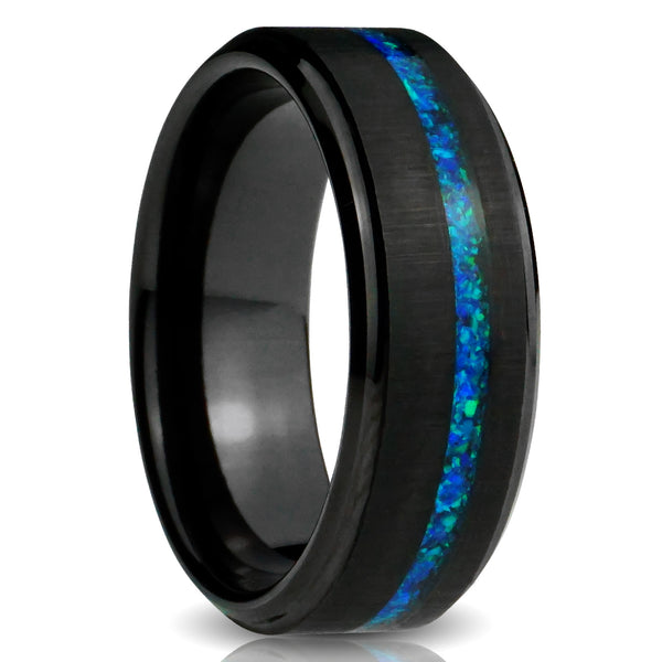 Blue Opal Tungsten Ring, Brushed Black with Teal Opal Inlay - 8MM