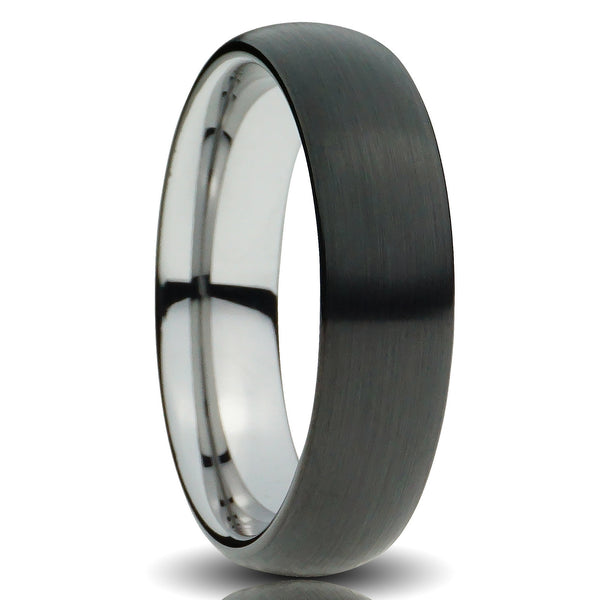 Black Tungsten ring 6mm brushed silver inside comfort fit mens wedding band cut out photo