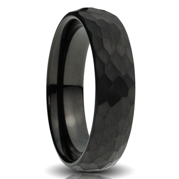 Black Tungsten ring 6mm hammered comfort fit mens wedding band  cut out photo