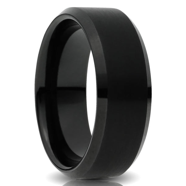 Black Tungsten ring 8mm beveled comfort fit mens wedding band cut out photo