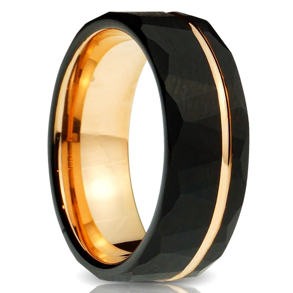 Black Tungsten ring 8mm rose gold inlay comfort fit mens wedding band cut out photo