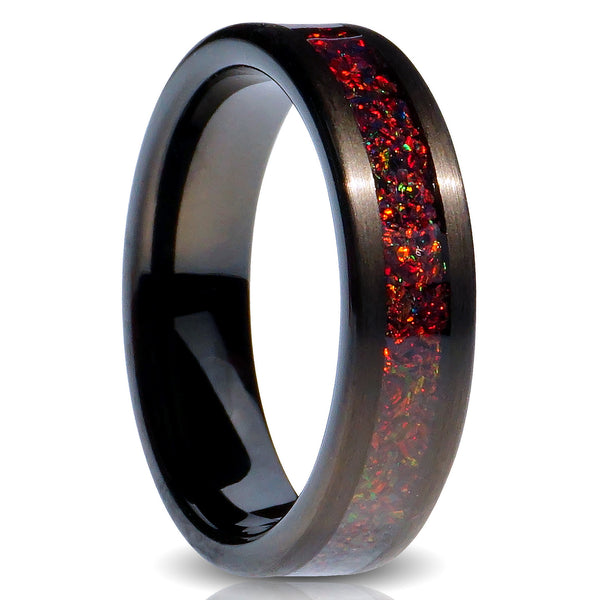 Black Tungsten ring Fire Opal red inlay 6mm comfort fit mens wedding band cut out photo