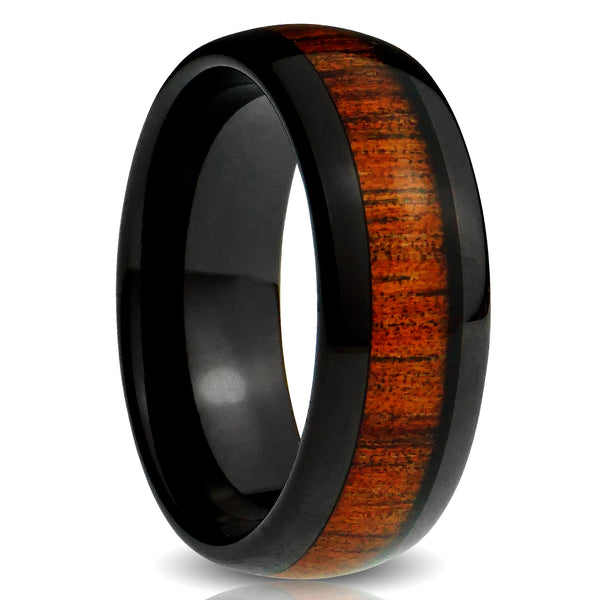 Black Tungsten ring Koa Wood inlay 8mm polished comfort fit mens wedding band cut out