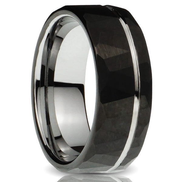 Black Tungsten ring Silver strip 8mm Hammered brushed texture comfort fit mens wedding band