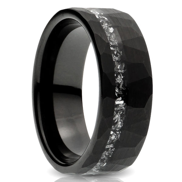 Black Tungsten ring meteorite inlay 8mm hammered comfort fit mens wedding band cut out photo