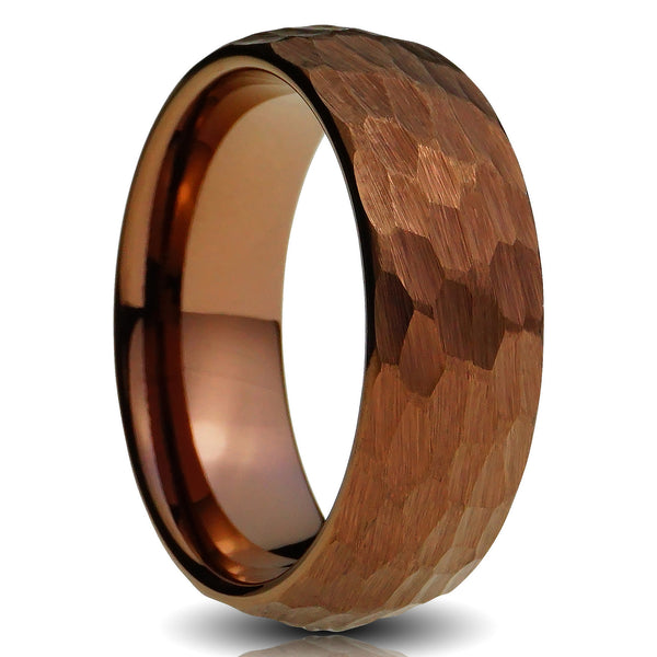 Brown Tungsten ring 8mm hammered coffee chocolate comfort fit mens wedding band cut out photo