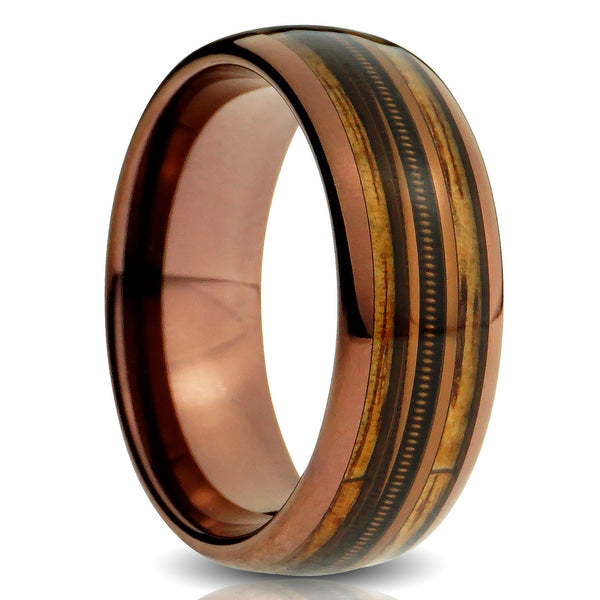 Brown Tungsten Ring, Guitar String and Koa Wood Inlay - 8MM