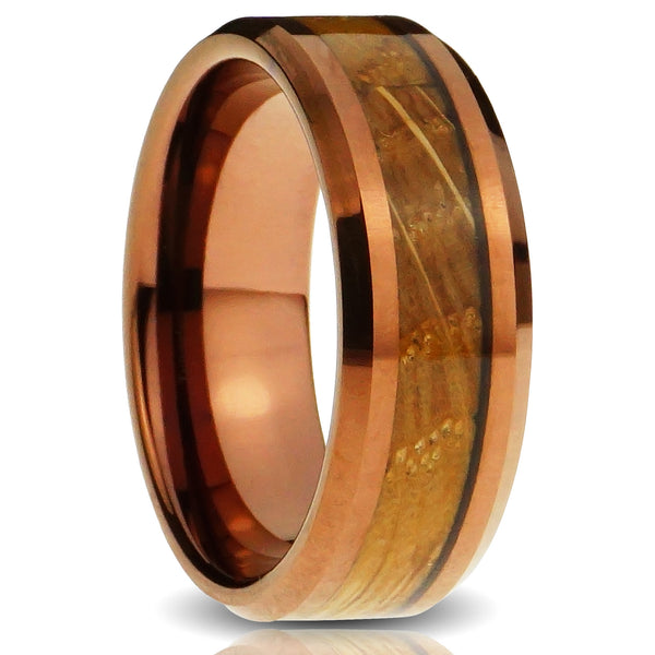 Brown Tungsten ring Whisky Barrel Wood inlay 8mm polished chocolate comfort fit mens wedding band sq