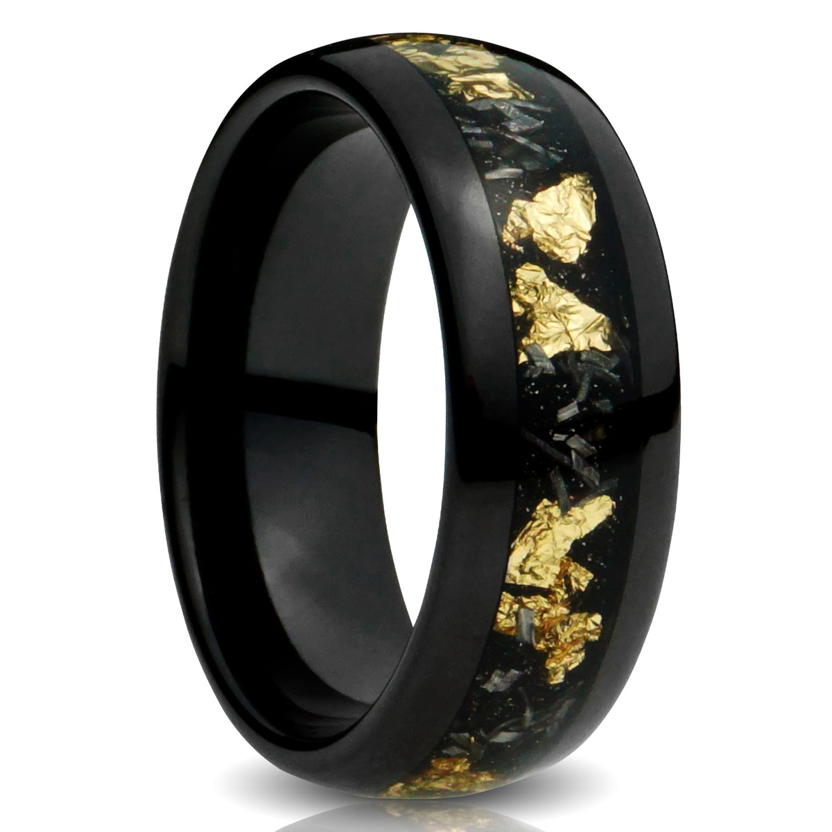 Gold Leaf & Meteorite Tungsten Ring, Polished Black with