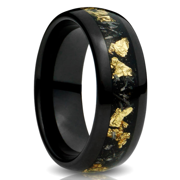 Gold Leaf & Meteorite Tungsten Ring, Polished Black with Sandstone Inlay - 8MM