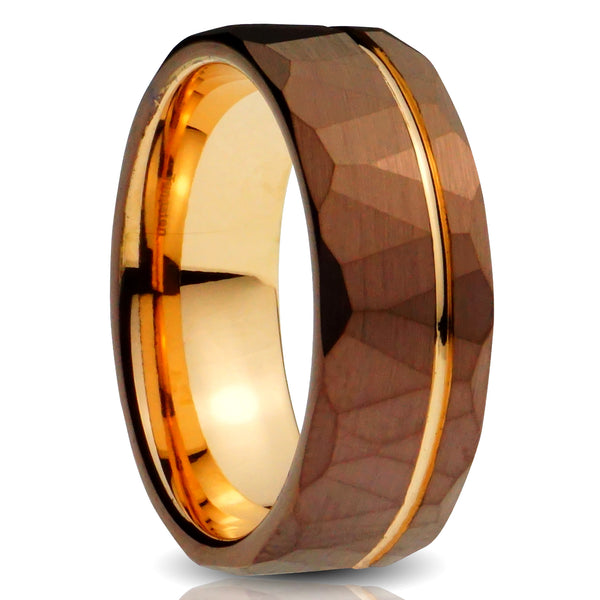Hammered Brown Tungsten ring, Rose Gold old Strip and interior, 8mm ring, comfort fit mens wedding band