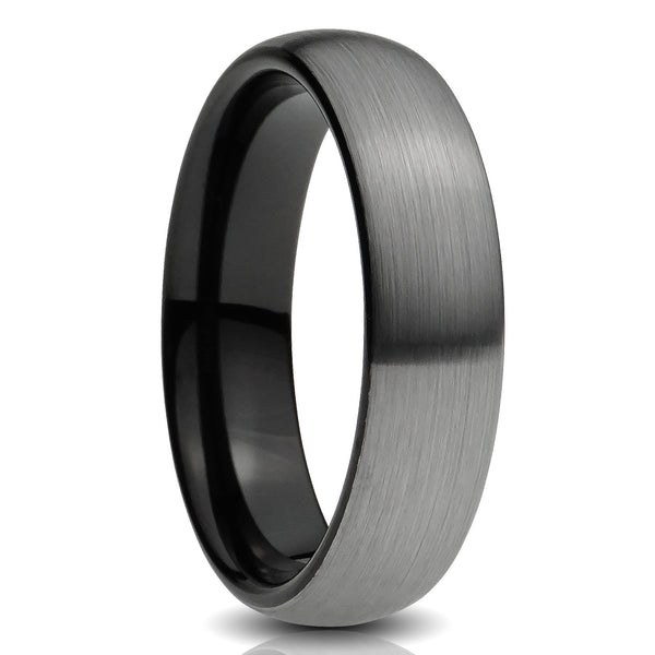 Silver Tungsten ring 6mm brushed black inside comfort fit mens wedding band cut out photo.