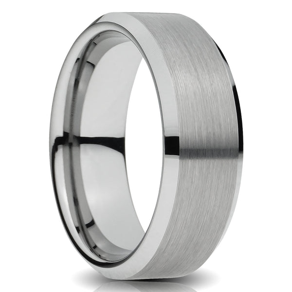 Silver Tungsten ring 8mm beveled brushed comfort fit mens wedding band cut out photo