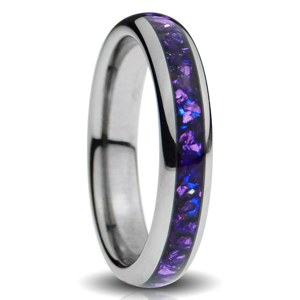 Silver alexandrite ring, polished 4mm tungsten band with purple gemstone inlay, minimalist womens wedding band