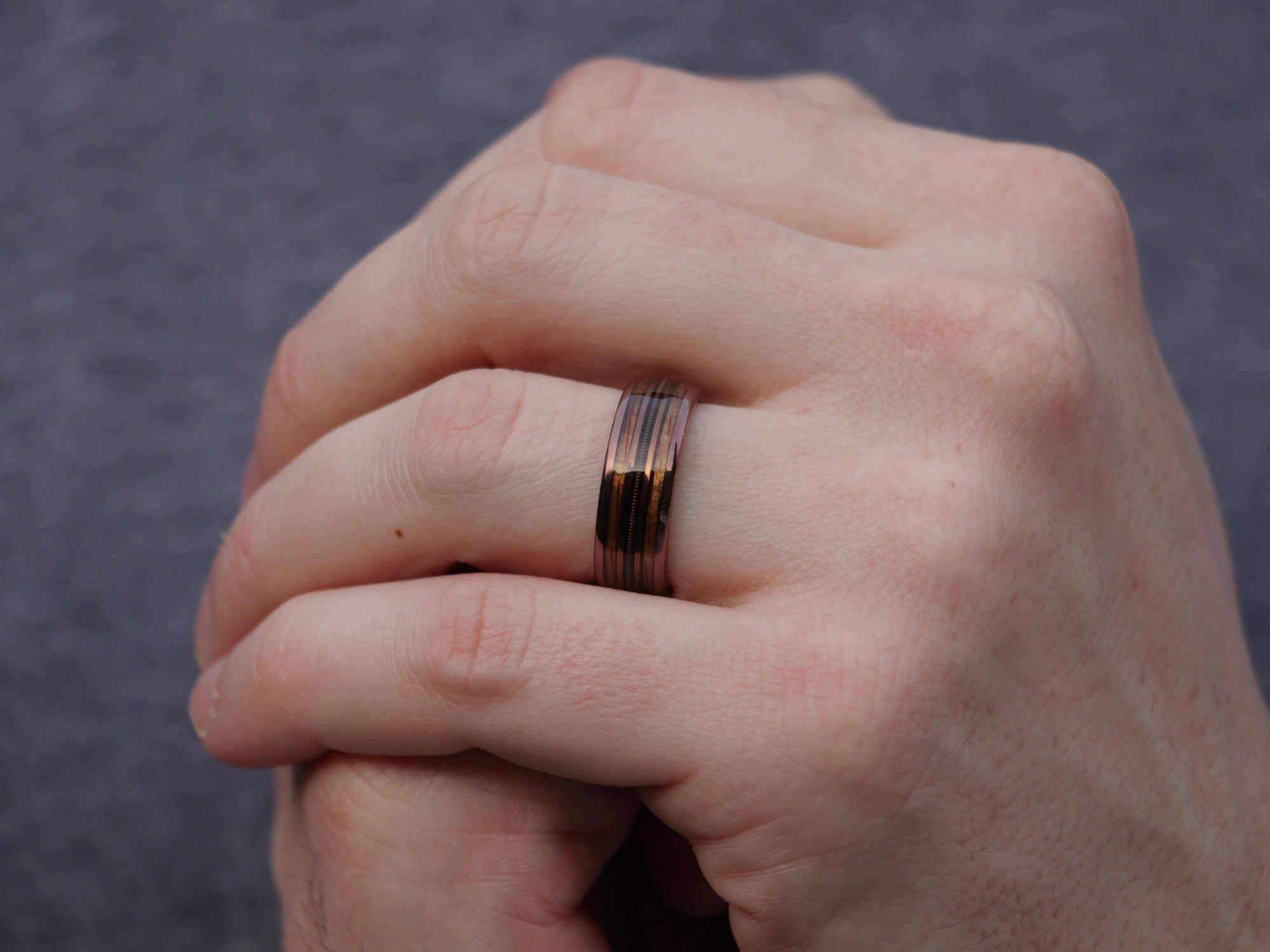 Tungsten ring hand photo redwood rings mens hand pose 2coffe brown guitar string wood inlay modern